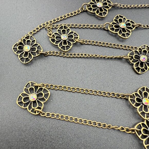 Premier Designs Long Strand Flower Necklace With Crystal Accents Brass And Gold - Picture 6 of 9